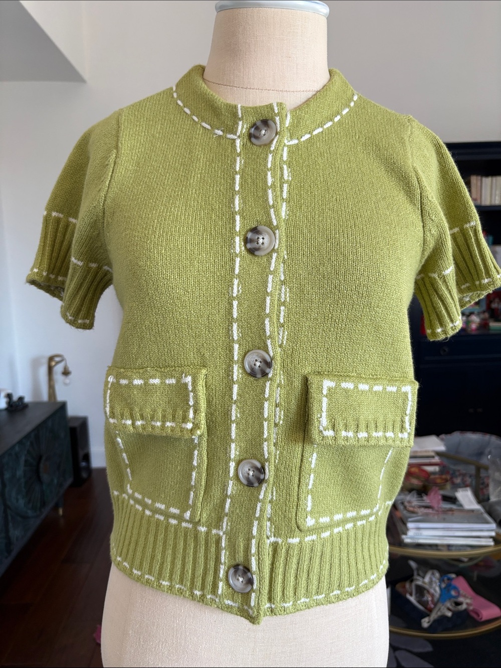 Anthropologie Design History Green Witt white trim short sleeve sweater size XXS